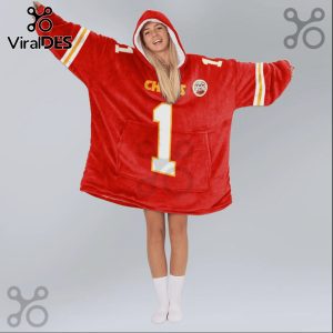 Red oversized wearable blanket hoodie with Kansas City Chiefs design and number 1.!