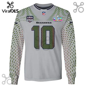 Seahawks #10 white long sleeve jersey with USA 250 and Super Bowl emblems.!
