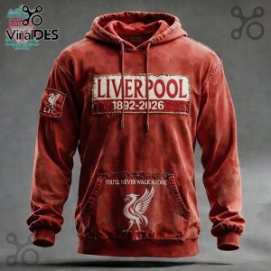 Red Liverpool hoodie featuring 'Liverpool 1892-2026' and the club's logo.!