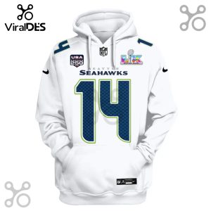 White hoodie with Seattle Seahawks #14 jersey design featuring NFL and Super Bowl LIK logos.!
