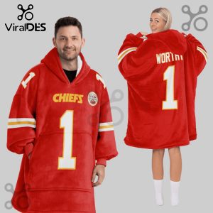 Front and back view of 2 people wearing a red oversized hoodie with a Chiefs logo and the number 1 in yellow.!