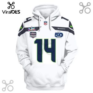 White Seattle Seahawks hoodie with number 14, Super Bowl logo, NFL logo, and 50th anniversary emblem.!