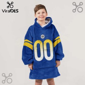 Blue oversized hoodie blanket featuring the number 00 in white and space for a logo!