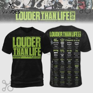 Louder Than Life 2026 festival black t-shirt featuring band lineup in white text and green logo.!