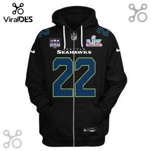 Seattle Seahawks full-zip hoodie featuring the number 22, Super Bowl logo, and USA 250 patch.!