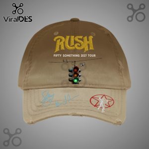 Khaki hat with RUSH Fifty Something 2027 Tour text, traffic light, signatures and starman logo.!