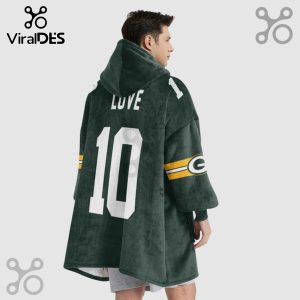 Person wearing a green hooded blanket with 'LOVE' and the number 10 on the back, plus a Packers logo!