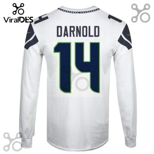 White long-sleeved shirt with 'DARNOLD' and the number '14' in green and navy, styled like a football jersey.!