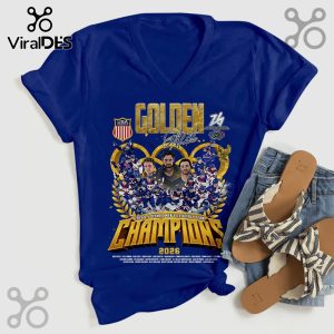 Blue V-neck T-shirt with a design of the 2026 U.S. Olympic Men's Ice Hockey Team Champions!