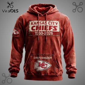 Red hoodie with Kansas City Chiefs designs and the years 1960-2026!