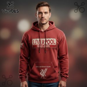 Red Liverpool hoodie featuring 'Liverpool 1892-2026' text and 'You'll Never Walk Alone' with a liver bird emblem!