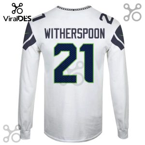 A white, long-sleeved sports jersey with 'WITHERSPOON' and the number '21' on the back.!