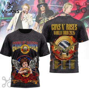 Guns N' Roses World Tour 2026 3D T-Shirt featuring band members and tour dates in a dynamic, dimensional design.