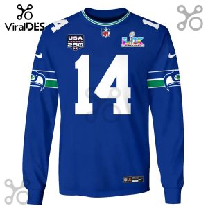 Blue football jersey long sleeve with number 14, USA 250, NFL logo and Super Bowl LIX logo.!