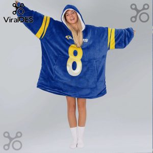 Royal blue hooded blanket with the LA Rams logo, player number 8, and yellow shoulder stripes.!
