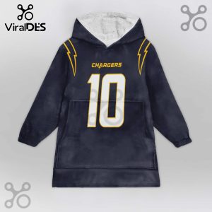 Navy blue hooded blanket with white Sherpa lining. Features the text 