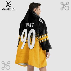 A person wearing a hoodie blanket with 