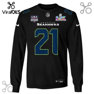 Black long-sleeve Seattle Seahawks jersey with number 21, Super Bowl LIX logo, and USA 250 patch.!