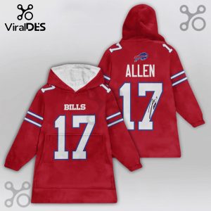 Red hooded blanket featuring 'Bills' and the number '17' on the front, and 'ALLEN' and '17' with a signature on the back.!