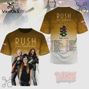 Rush Fifty Something 2027 Tour shirt featuring band members, traffic light design and tour dates at the back.!