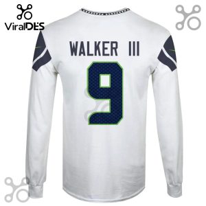 White long-sleeve shirt featuring 'WALKER III' and the number '9' in blue and green.!