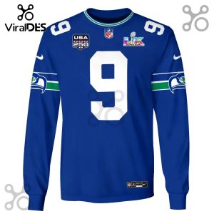 Seattle Seahawks long sleeve jersey with number 9, Super Bowl, and USA 250 patch designs.!