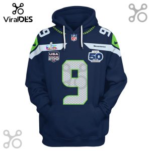 Navy hoodie featuring a number 9, Super Bowl, USA 250, and Seahawks logos.!