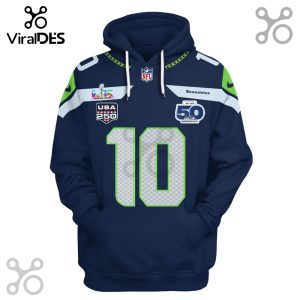 Blue Seattle Seahawks #10 jersey-style hoodie with Super Bowl patch and 50th anniversary logo.!
