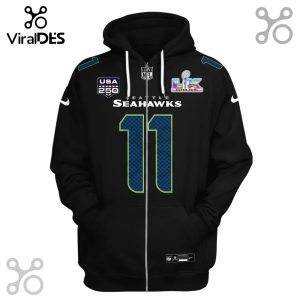 Black zip-up hoodie featuring Seattle Seahawks number 11 jersey design with Super Bowl logo.!