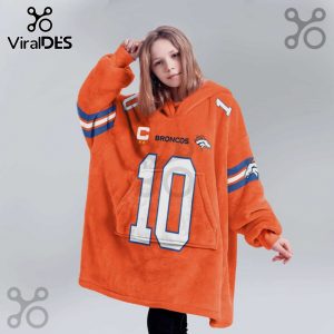 Orange oversized hoodie blanket featuring Broncos team design, number 10, and team logo.!