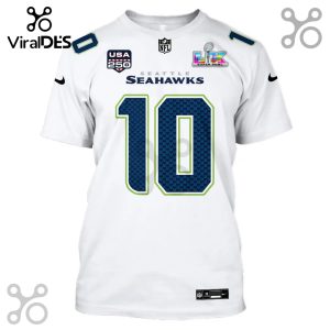 White Seattle Seahawks jersey with the number 10, USA 250, Super Bowl LIX patch, and NFL logo.!