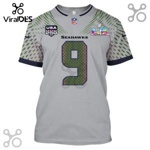 Gray Seattle Seahawks jersey with '9' on the back, 'Seahawks' name, NFL logo, and Super Bowl LVI patch.!