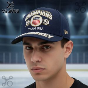Navy blue baseball cap with 'Olympic Gold Medal Champions 2026 Team USA Hockey' text and USA shield design!
