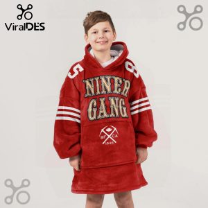 Red oversized hoodie featuring 'Niner Gang' text, SF CA 1946, and football design.!