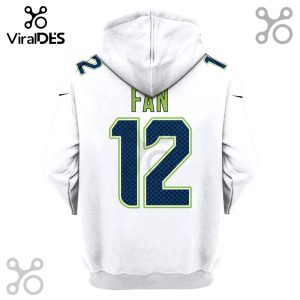 White hoodie with a football jersey design, displaying 'Fan' and the number '12' on the back.!