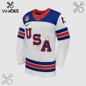 USA hockey jersey with blue shoulders, red trim, and the word USA in red block letters.!