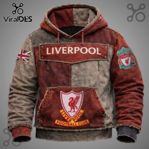 Liverpool FC hoodie featuring the club's crest, UK flag, and 'Liverpool' text on a red and gray jacket.!