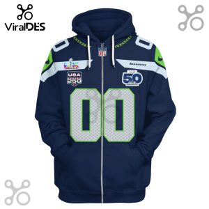 Seattle Seahawks blue zip-up hoodie with team logos, number 00, and Super Bowl/USA 250 patches.!