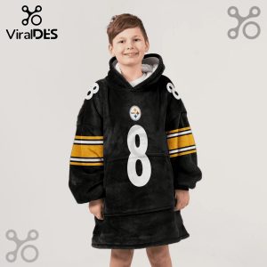 Boy wearing a Steelers #8 jersey-themed oversized hoodie blanket with gold stripes on sleeves.!