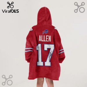 Red hooded blanket featuring 'Allen' and '17' with a signature on the back, resembling a Buffalo Bills jersey.!
