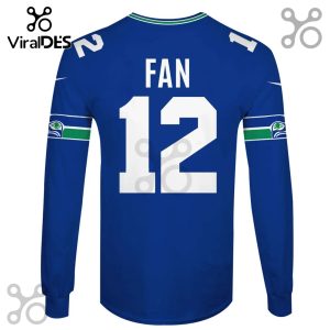 Blue long sleeve jersey with 'FAN' and the number 12 in white, plus team logos on the sleeves.!