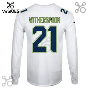 White long sleeve shirt with 'WITHERSPOON' and '21' in blue and green.!