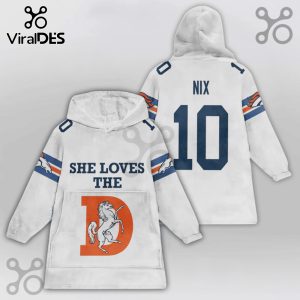 Snuggle Hoodie featuring 'She Loves the D' text, horse graphic, football stripes on sleeves, and 'NIX 10' on the back.!