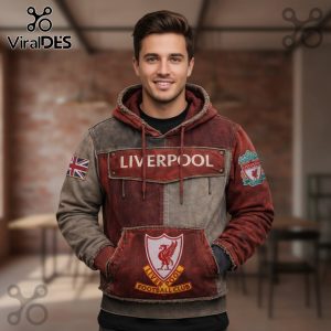 Liverpool FC hoodie with the Union Jack, team logos, and 'Liverpool' text on a man.!