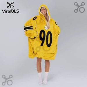 Yellow oversized hoodie with the number 90 in black, black stripes, and Steelers logo on the chest.!