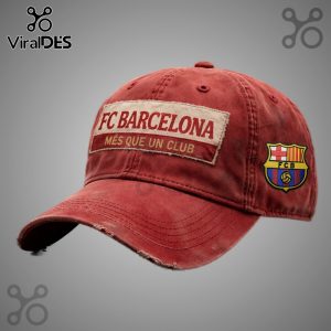 Red baseball cap with FC Barcelona logo and 'Més que un club' text.!