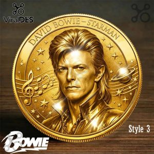 Gold coin design with David Bowie's face, 'DAVID BOWIE - STARMAN' text, musical notes, stars, and a planet!