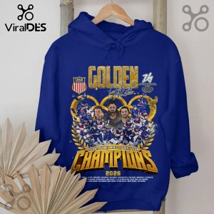 Blue hoodie with 'Golden' text, USA Hockey logo, team players, and 'Champions 2026' design.!