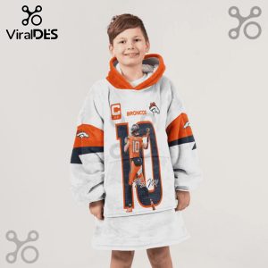 Child wearing a white Broncos themed hoodie blanket with an orange hood.!
