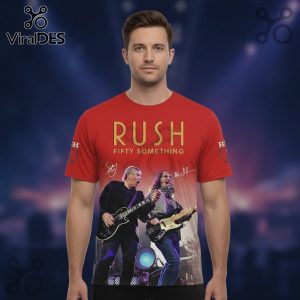 Red tee featuring Rush band members, signatures, and 'Fifty Something' text!